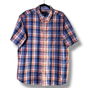 Marmot Mens Sz XL Short Sleeve Button Up Shirt Orange Blue Plaid Gorpcore Hiking